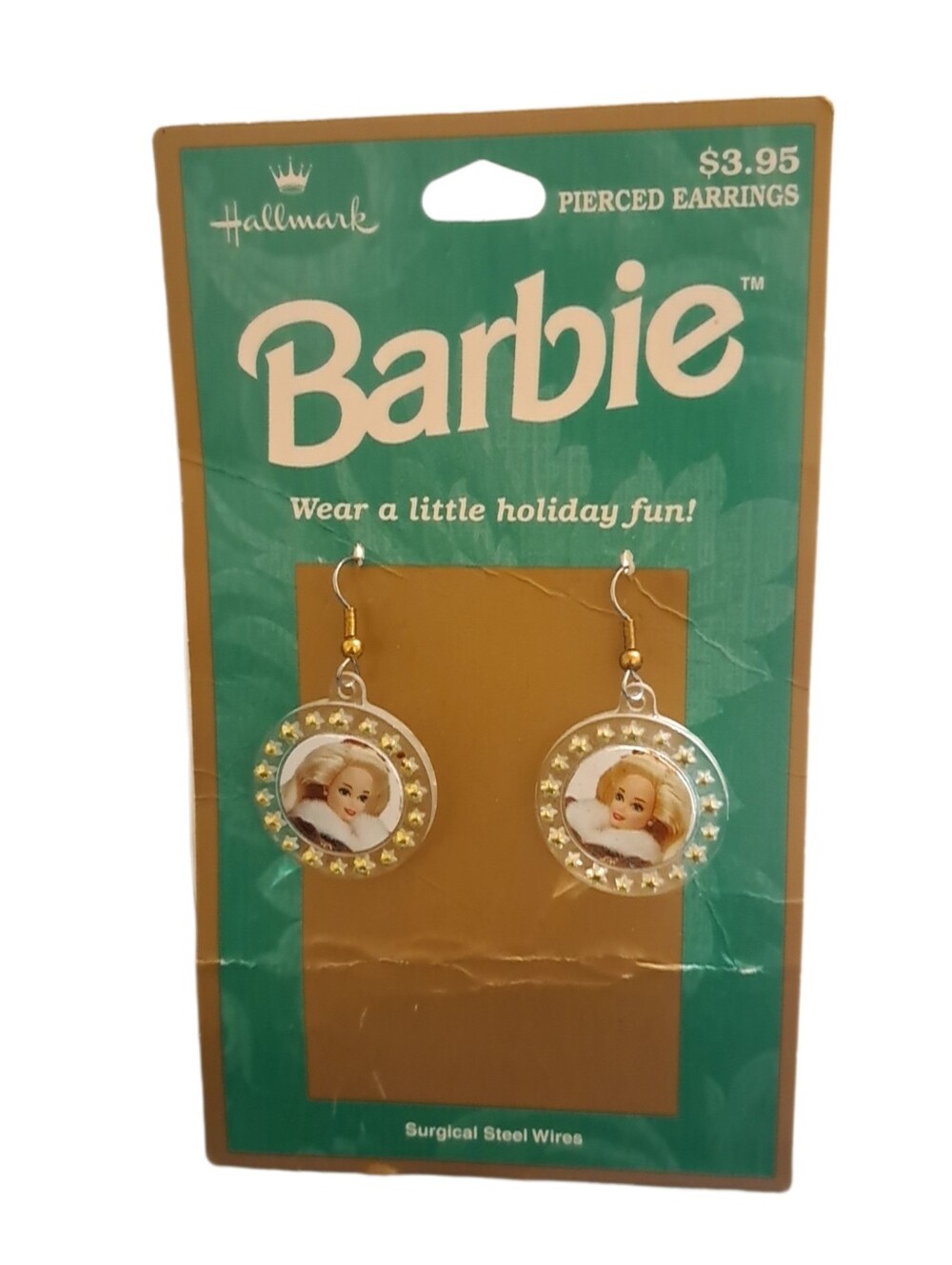 Barbie Hallmark Pierced Earrings 1996 Holiday Christmas 2" Long NWT